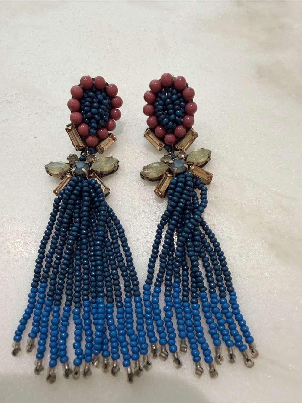 Beaded Tassel Drop Earrings in Navy and Rose